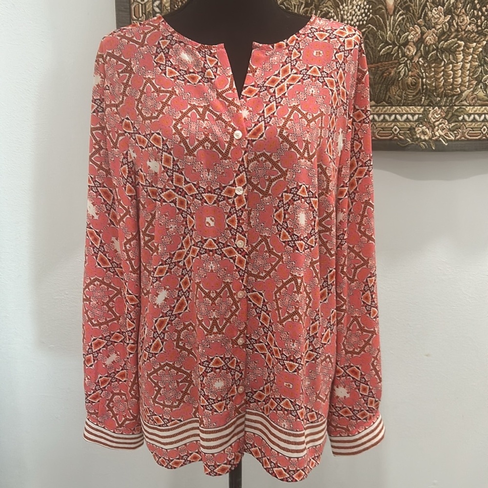 Talbots Geometric Print Design Button Down Blouse. Size L